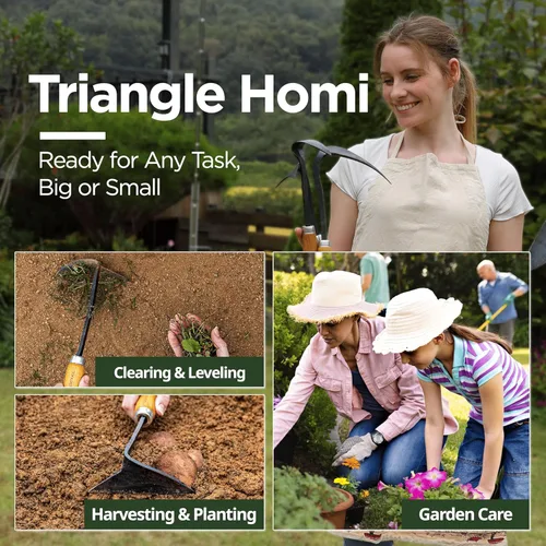 Vista 3 de Triangle Homi - Azada de mano tradicional hecha a mano, herramienta de jardín coreana para excavar y plantar con acero forjado y mango de madera