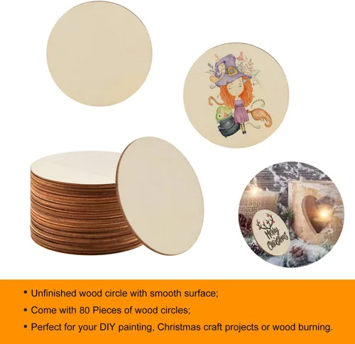 Vista 3 de 80 piezas de círculos de madera sin terminar de 4 pulgadas en blanco, rebanadas de madera redonda natural en blanco, azulejos de madera recortados