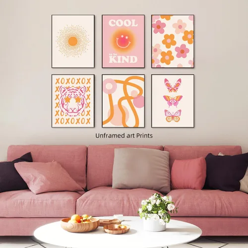 Vista 2 de Double Devil's Arte de pared rosa y naranja para decoración de habitación, pósteres estéticos de los años 70, decoración moderna de dormitorio