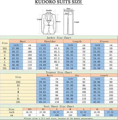 Vista 7 de KUDORO Trajes de 3 piezas para hombre, traje ajustado de doble botonadura, traje formal de esmoquin de boda Gris oscuro