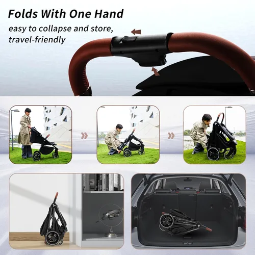 Vista 4 de Cochecito Tinyiota para bebés, cochecitos para niños pequeños con gran dosel UPF 50+, cochecito de bebé de lujo con asa de cuero y asiento