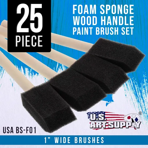 Vista 2 de US Art Supply - Juego de pinceles de pintura de espuma de 1 pulgada con mango de madera (paquete de valor de 25) - Ligeros, duraderos e ideales