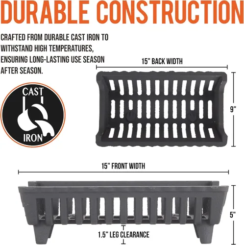 Vista 3 de Flame Genie Rejilla de chimenea de hierro fundido resistente, espacio libre de 1 ½ pulgadas, 15 pulgadas