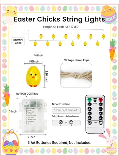 Vista 5 de YIQU Guirnalda de luces de decoración de Pascua, 10 pies, 12 LED, guirnalda de mantel de pollitos para interiores, funciona