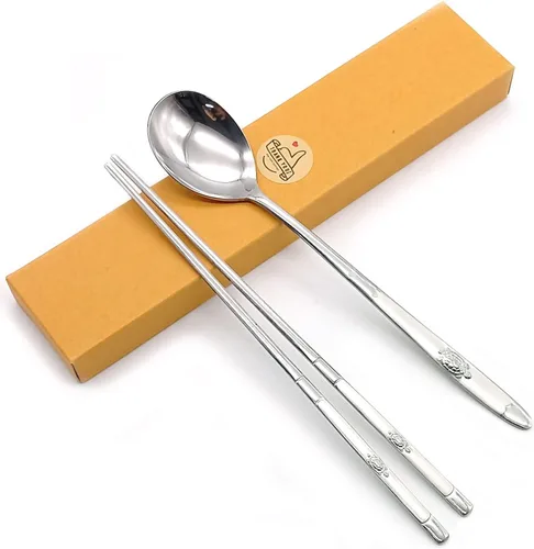 Vista 3 de SUPIA Cubertería tradicional coreana de acero inoxidable cucharas y palillos juego de vajilla con mano larga, reutilizable (tortuga plateada)