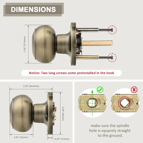 Vista 5 de Probrico Perillas de puerta para interiores, pomos de puerta de armario de latón antiguo, manijas de puerta de paso, sin llave, paquete de 2