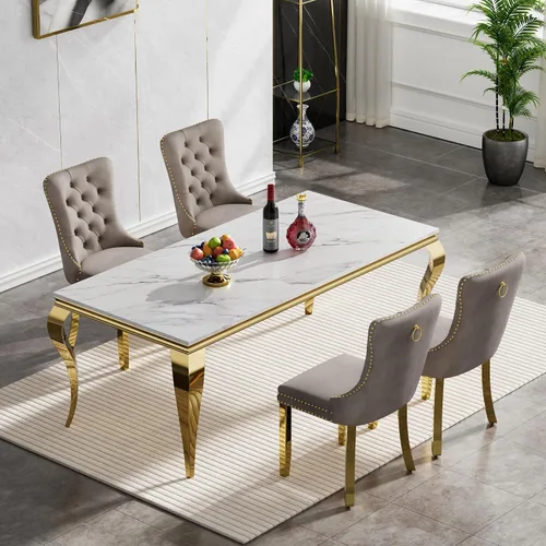 Vista 57 de Juego de 5 mesas de comedor, juego de mesa de cocina y comedor para 4, mesa de comedor rectangular de mármol sintético negro de 70 pulgadas con base