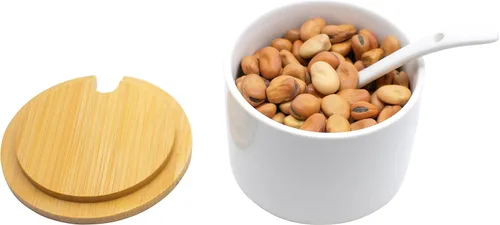 Vista 4 de Juego de 3 tarros de cerámica para condimentos en diferentes tamaños con cucharas y tapas de bambú y bandeja (blanco)