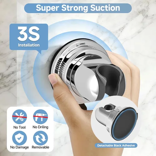 Vista 3 de Soporte de cabezal de ducha de succión, soporte de ducha de mano extraíble para montaje en pared, ventosa cromada ajustable sin taladro, inclinación