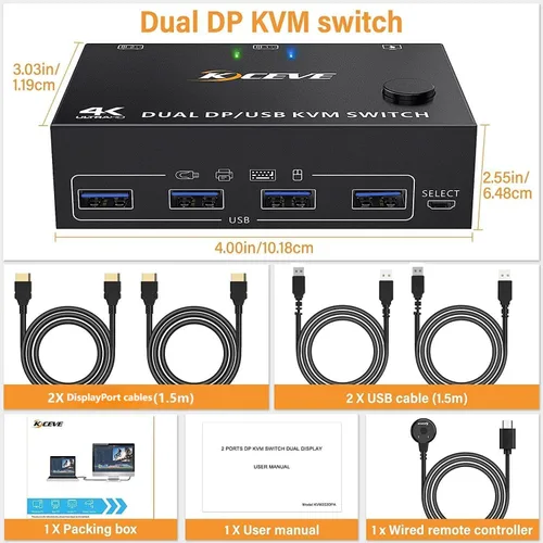 Vista 8 de Displayport KVM Switch 2 Monitores 2 Computadoras, 8K @60Hz 4K @120Hz DP USB 3.0 KVM Switch para 2 computadoras Comparte 1 monitor y 4 puertos USB