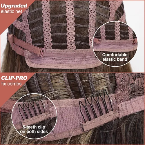 Vista 6 de KOME Pelucas rubias claras con flequillo, peluca larga ondulada de mezcla de rubio 613 para mujer, peluca de cabello sintético largo y rizado