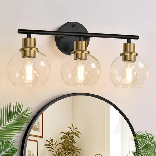 Vista 10 de Indoi Juego de 2 apliques de pared actualizados 2026, luces de tocador modernas negras con pantalla de globo de vidrio transparente, lámparas