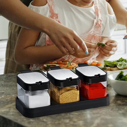 Vista 7 de Tarros de especias de condimentos de vidrio, 5.6 onzas/8.6 fl oz, recipiente para especias con tapas y cucharas y bandeja, recipientes de vidrio