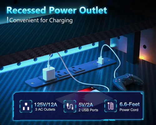 Vista 4 de Casaottima - Escritorio de juegos de 59 pulgadas con puertos de carga USB y luz LED - Escritorio reversible para computadora con 3 cajones de tela
