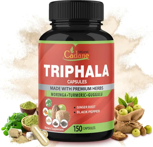 Organic Cadane Cápsulas de extracto de Triphala, suministro de 5 meses con cúrcuma, guggulu, jengibre, pimienta negra, moringa - Apoya la digestión