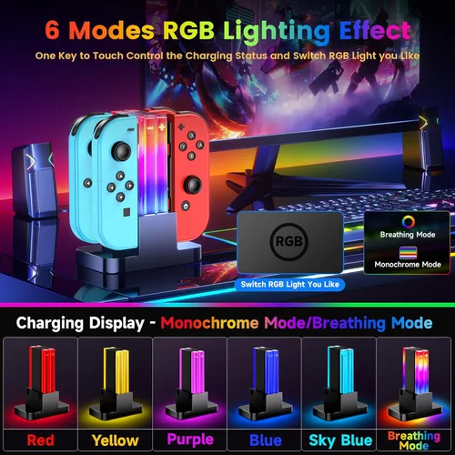 Vista 2 de Base de carga para controlador de interruptor compatible con Nintendo Switch para Joycons y modelo OLED con 6 modos de luz RGB, estación de carga