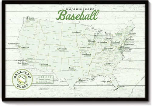 Vista 12 de GeoJango Framed Baseball Stadium Map, Wood Edition - Sports Gift For Baseball Fans - Includes 35 Red Map Push Pins (Red)