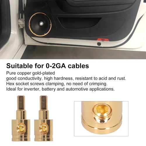 Vista 2 de Reductor de cable de audio, conector de terminal reductor de cable 0GA, cobre puro, chapado en oro, para modificación de amplificador de audio