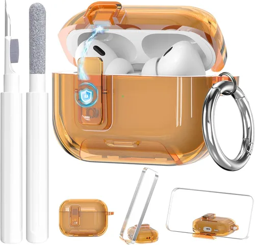 Vista 25 de Compatible con Airpods Pro 3 Funda Transparente con Cerradura Soporte para Teléfono, Funda Protectora de TPU Blanda Magnética con Bloqueo Automático