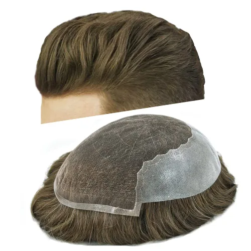 Vista 201 de Toupee - Sistemas de reemplazo de cabello para hombre, encaje frontal suizo, nudo blanqueado, pieza de cabello humano natural