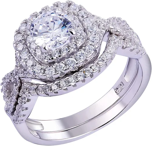 Newshe - Juego de anillos de compromiso para mujer, plata esterlina 925 de 1.8 quilates, redondo, blanco, AAA Cz, tamaño 5-10