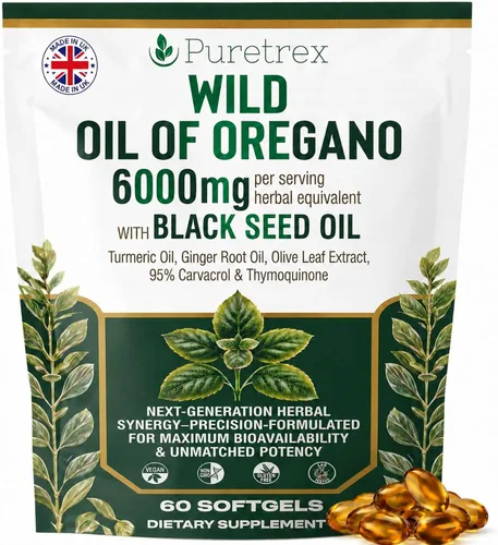 Aceite silvestre de orégano con aceite de semilla negra, 60 cápsulas blandas, suplemento de aceite de orégano con cúrcuma, jengibre, hoja de olivo