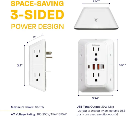 Vista 7 de Multi Plug Wall Outlet Extender - 6 Outlet Splitter & 4 USB Ports with 20W PD USB-C Fast Charging, Smart Night Light, 3-Sided 1050J Surge Protector