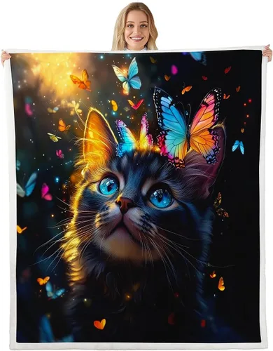 Manfei Cute Cat Kids Throw Blanket Watercolor Butterfly Fuzzy Blanket for Boys Girls Room Decor, Cartoon Animals Blanket for Bed Couch Sofa, Soft