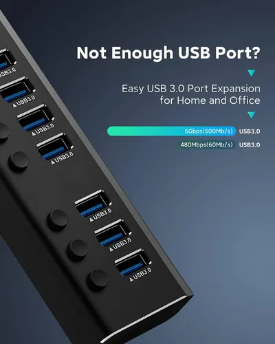 Vista 6 de Hub USB 3.0 alimentado Rosonway de aluminio con 7 puertos USB 3.0 Divisor de datos con adaptador de alimentación de 24W (12V/2A) y interruptores