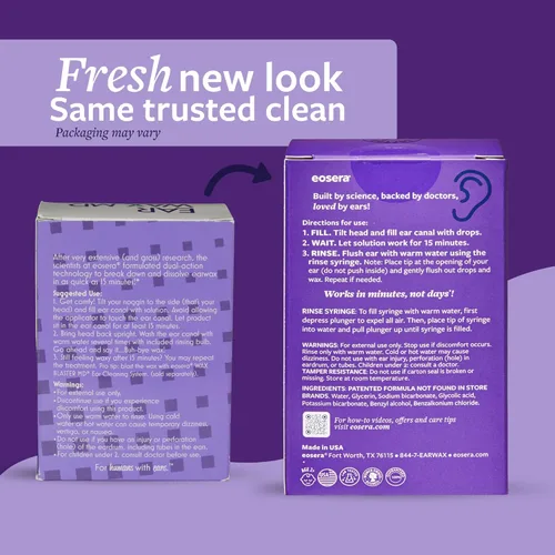 Vista 3 de eosera Kit de Limpieza de Cera de Oído MD - Gotas de Eliminación de Cera de Oído de Acción Rápida y Pera de Enjuague - Recomendado por Médicos