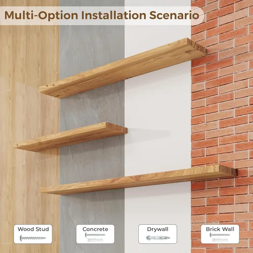 Vista 6 de Axeman Estantes flotantes de madera de olmo rústico para pared, estante de pared de 48 x 8 pulgadas de profundidad con soporte invisible, estantes