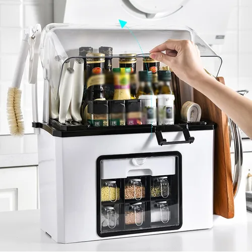 Vista 2 de IMPREC Estante de condimentos, cocina con cajón de tapa abatible transparente, tarro de condimentos, botella organizadora de especias, estante