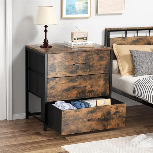 Vista 10 de Memobarco - Mesita de noche, mesa auxiliar, mesa de cabecera, cómoda pequeña y alta para dormitorio con 3 cajones de almacenamiento, cómoda de tela