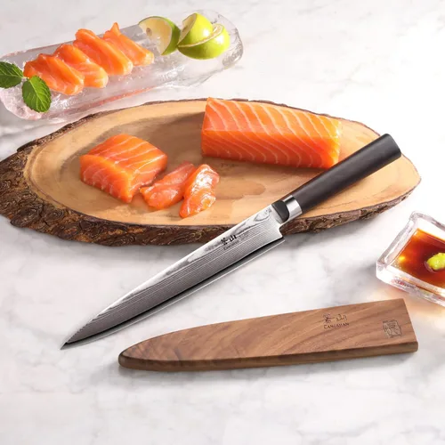 Vista 7 de Cangshan HAKU Series - Cuchillo Sashimi de 8 pulgadas con funda, acero de Damasco forjado X-7, 501103