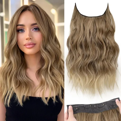 Vista 22 de KooKaStyle - Extensiones de cabello con hilo invisible, diadema transparente, ajustables, 4 clips fijadores, cabello largo y ondulado de 12