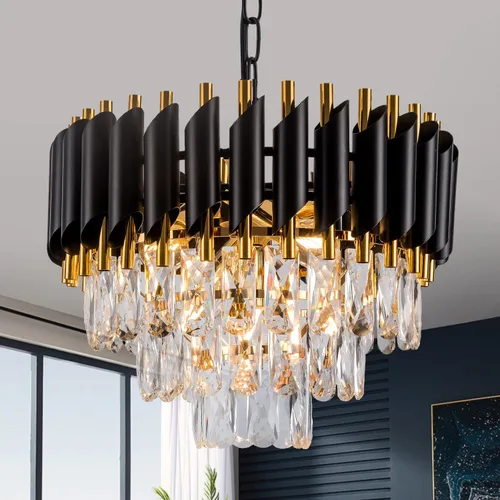 Candelabro de cristal negro dorado de 3 niveles, 5 luces de 15 pulgadas, moderno colgante de cristal, lámpara de techo, iluminación colgante para