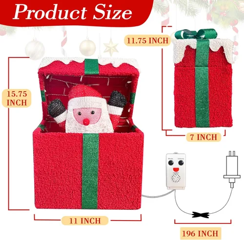 Vista 7 de PEIDUO Papá Noel de Navidad animado en caja de regalo iluminada, luces decorativas de música navideña con sensor de movimiento, decoraciones