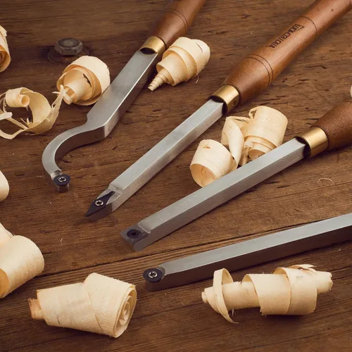 Vista 7 de Juego de 4 piezas de cinceles de torneado de madera con punta de carburo y hoja de acero inoxidable, en caja de madera