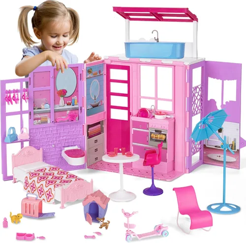 Casa de muñecas para muñecas de 11.5 pulgadas, casa de muñecas plegable de 2 pisos con 37 piezas de muebles y accesorios, casa de juegos con casa