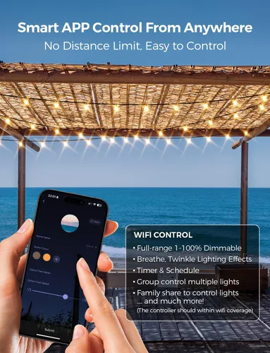 Vista 2 de XMCOSY+ Guirnalda de luces inteligentes para exteriores, luces de patio G40 de 75 pies con 34 bombillas LED regulables, control WiFi y aplicación
