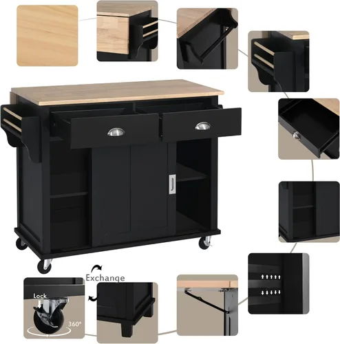 Vista 105 de P PURLOVE Carrito de isla de cocina con parte superior de madera y ruedas de bloqueo, carrito móvil de isla de cocina con armario de 4 puertas