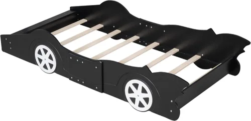 Vista 9 de Harper & Bright Designs Cama de plataforma en forma de auto de carreras de tamaño individual con ruedas, marco de cama de plataforma de madera