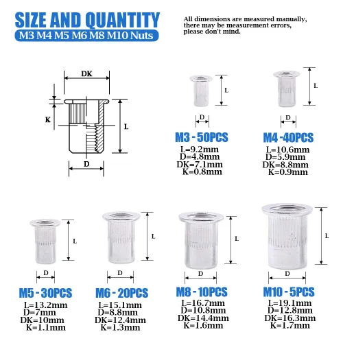 Vista 2 de Glarks 160 piezas de aleación de aluminio M3 M4 M5 M6 M8 M10 cabeza plana métrica roscada remache inserción Nutsert Kit surtido de tuercas de remache