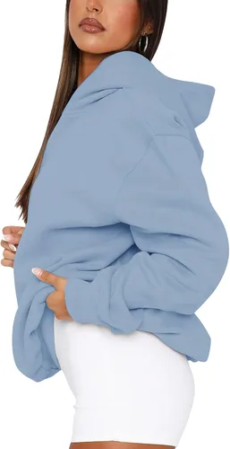 Vista 2 de Sudadera con capucha de gran tamaño para mujer, sudadera casual de manga larga, color liso, suelta, Azul