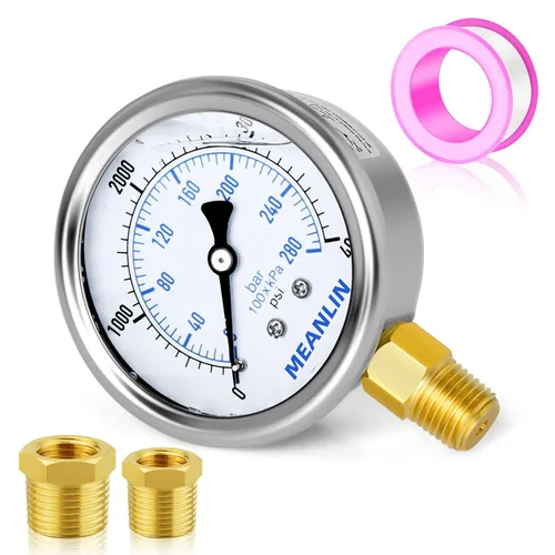 Vista 95 de MEANLIN MEASURE - Manómetro electromecánico de acero inoxidable, relleno de líquido, esfera con cara de 2.5 pulgadas, NPT de 1/4 de pulgada, agua