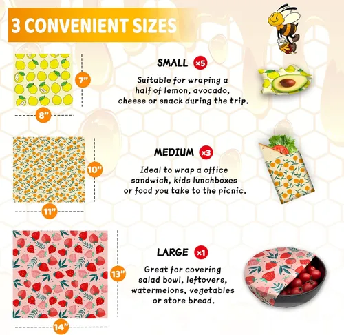 Vista 3 de Envoltura de cera de abeja reutilizable, paquete de 9 envolturas ecológicas de cera de abeja para alimentos, orgánica, sostenible, biodegradable