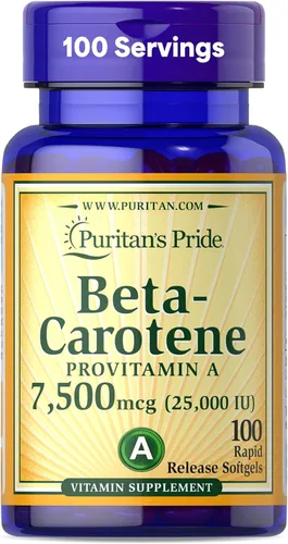 Puritan's Pride Beta Caroteno Provitamina A 7,500 mcg (25,000 UI), suplemento vitamínico para el sistema inmunológico, antioxidante y apoyo a la