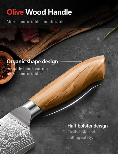 Vista 5 de Juego de cuchillos de cocina de Damasco Emojoy, 3 piezas de cuchillos de chef japoneses, cuchillo de 67 capas de Damasco con mango de madera