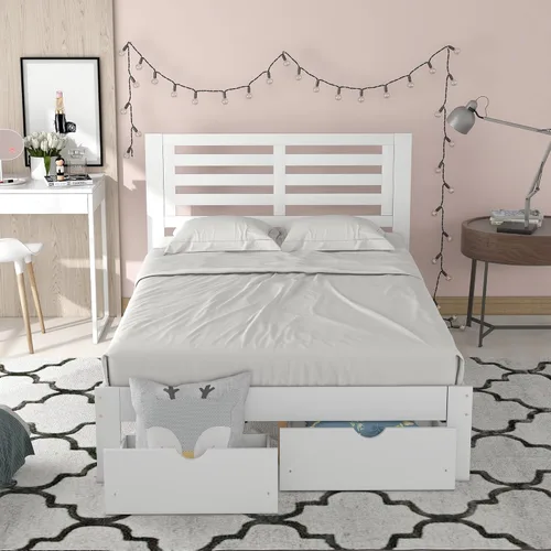 Vista 3 de Base de cama de plataforma tamaño matrimonial con cabecero, cama de plataforma con 2 cajones, cama de plataforma de madera, no necesita somier
