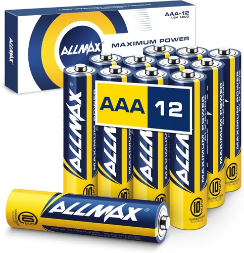 Allmax - Pilas alcalinas triple A AAA de máxima potencia (12 unidades) – Diseño ultra duradero, a prueba de fugas, vida útil de 10 años, rendimiento